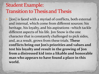  [Jon] is faced with a myriad of conflicts, both external

and internal, which come from different sources: his
heritage, his loyalty, and his aspirations –which tackle
different aspects of his life. Jon Snow is the one
character that is constantly challenged to pick sides,
and, as a result, grows from these trials. These
conflicts bring out Jon’s priorities and values and
test his loyalty and result in the growing of Jon
from a distressed kid into a likable and honorable
man who appears to have found a place in this
world.

 