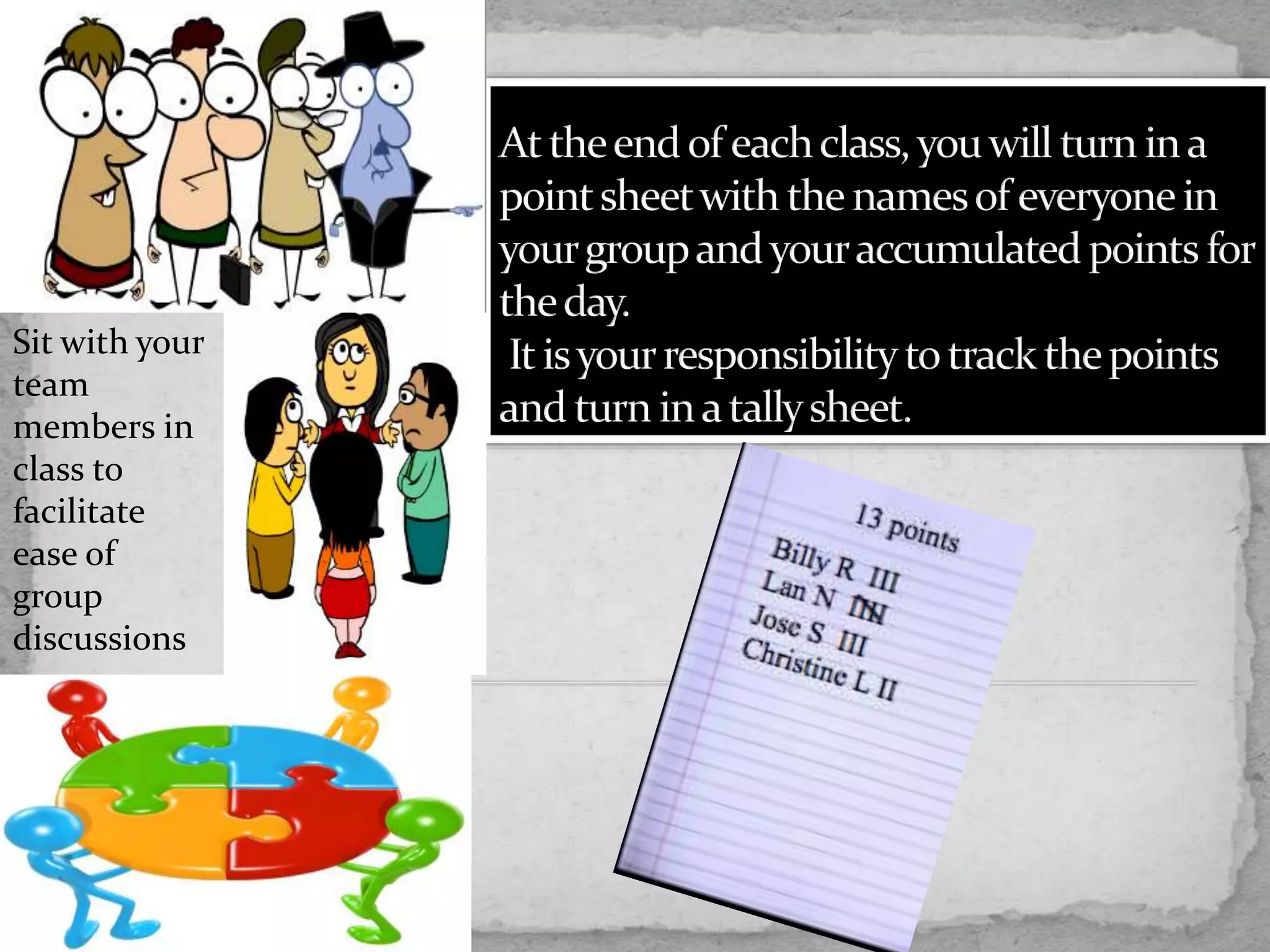 Sit with your
team
members in
class to
facilitate
ease of
group
discussions
 