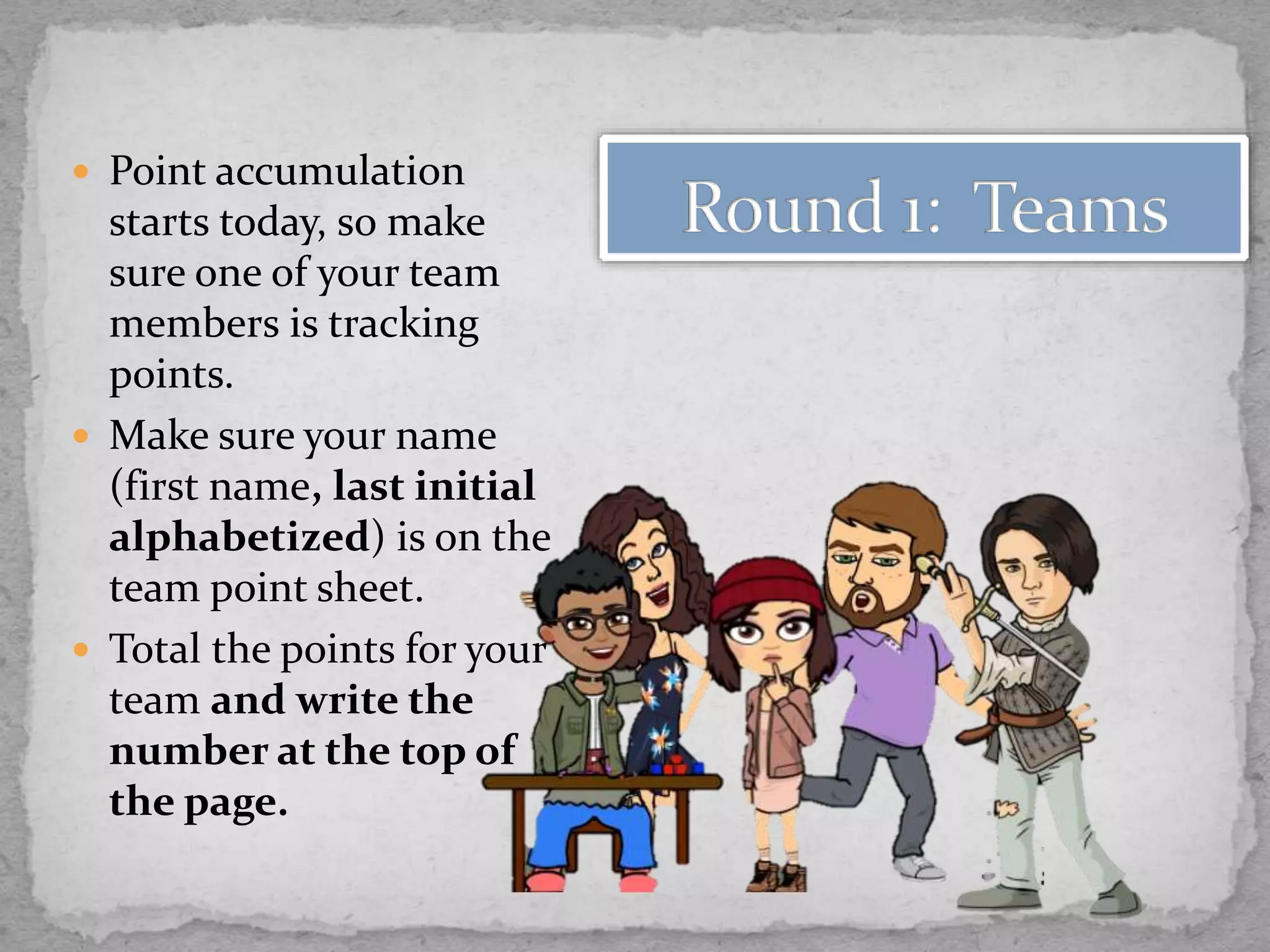  Point accumulation
starts today, so make
sure one of your team
members is tracking
points.
 Make sure your name
(first name, last initial
alphabetized) is on the
team point sheet.
 Total the points for your
team and write the
number at the top of
the page.
 