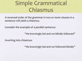 A reversed order of the grammar in two or more clauses in a
sentence will yield a chiasmus.
Consider the example of a parallel sentence:
“He knowingly led and we blindly followed”
Inverting into chiasmus:
“He knowingly led and we followed blindly”
Simple Grammatical
Chiasmus
 