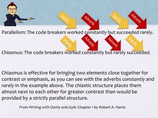 From Writing with Clarity and style: Chapter 1 by Robert A. Harris
Parallelism: The code breakers worked constantly but succeeded rarely.
Chiasmus: The code breakers worked constantly but rarely succeeded.
Chiasmus is effective for bringing two elements close together for
contrast or emphasis, as you can see with the adverbs constantly and
rarely in the example above. The chiastic structure places them
almost next to each other for greater contrast than would be
provided by a strictly parallel structure.
 