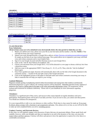 2
GRADING:
Grades for this course will be based on a 1000-point scale divided as follows:
Assignment My Score Point
Value
Assignment My
Score
Point
Value
Essay #1 (3-5 pages) 125 Homework: Website Posts 150
Essay #2 (2-3 pages) 100 Tests 4x25 100
Essay #3 (2-3 pages) 100 Participation/Quizzes/Activities 125
Essay #4 (2-3 pages) 100
Essay #5 (5-6 pages) 200
Total 1000 points
I will assign traditional + and - grades
Grade Points Required Grade Points Required
A 900-1000 D 600-699
B 800-899 F 599 and below
C 700-799
CLASS POLICIES:
Essay Submission:
All out of class essays are to be submitted to me electronically before the class period in which they are due.
1. Before you submit your essay, please save your file as your last name and the number 2, like this: Smith 2. That
will help me keep your essays organized.
2. Submit your essay through Kaizena, a Google Drive add-on, at https://kaizena.com/palmoreessaysubmissiongmail.
Or simply use the link on our class website home page. This system allows me to respond to your essay with both
voice and written comments and to insert helpful links.
3. Sign in to your Google Account and allow Kaizena access to your Google Drive.
4. Click on the “Ask Dr. Kim Palmore for feedback” link.
5. Choose your document from your Google Drive. You will be directed to a new page to choose a delivery box from
a drop down menu.
6. Add your essay to the appropriate EWRT 2 box (Essay #1, #2, #3, or #5). Then, click the “Ask for feedback”
button again.
7. Once I have graded your paper, Kaizena will automatically share with you the link to the Google document in the
comments section — located on the top-right corner of the Google document.
8. Click on the highlighted sections of the paper to find both audio and written comments concerning your essay or
links to materials that will help you improve your writing.
Academic Dishonesty:
Plagiarism includes quoting or paraphrasing material without documentation and copying from other students or professionals.
Intentional plagiarism is a grave offense; the resulting response will be distasteful. Depending upon the severity, instances of
plagiarism may result in a failing grade for the paper or the course and possible administrative action. All assignments will be
scanned and scrutinized for academic dishonesty. Please refer to your handbook for more information regarding
plagiarism.
Attendance:
Attendance is a significant part of this course, and success in this course depends on regular attendance and active
participation. Participation points will be part of our daily activities. If you are not in class, you cannot earn these points.
You should save absences for emergencies.
It is your responsibility to talk to me your absences or other conflicts. Work done in class cannot be made up. If you must
be absent, please arrange with a classmate to get assignments and notes. Also, please arrive on time, as you will not be able
to make up work completed before you arrive, including quizzes.
Conduct, Courtesy, and Electronic Devices:
In this class, we will regularly engage in the discussion of topics that may stir passionate debates. Please speak freely and
candidly; however, while your thoughts and ideas are important to me and to the dynamics of the class, you must also
respect others and their opinions. Courtesy will allow each person to have the opportunity to express his or her ideas in a
comfortable environment.
 