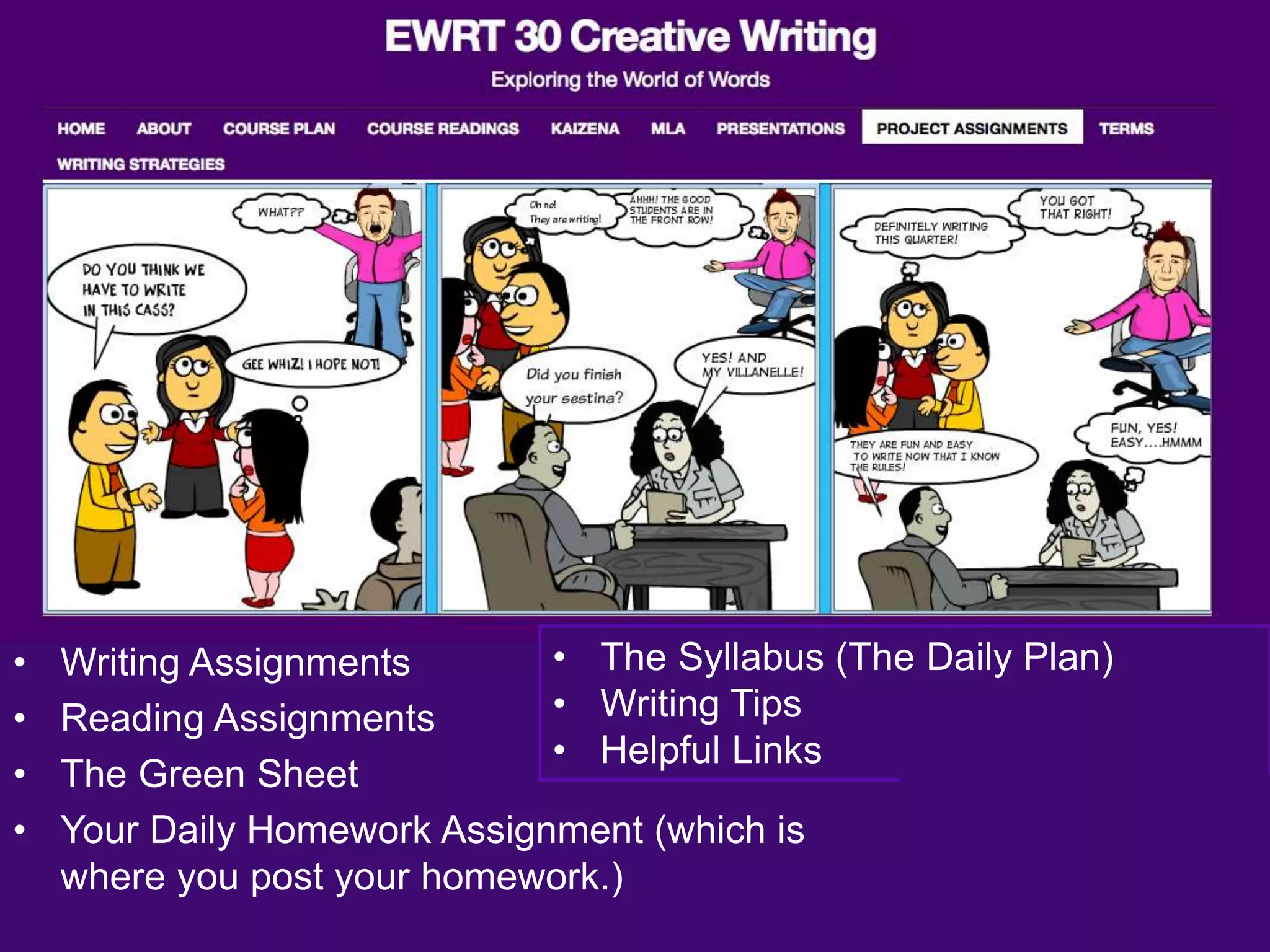 • Writing Assignments
• Reading Assignments
• The Green Sheet
• Your Daily Homework Assignment (which is
where you post your homework.)
• The Syllabus (The Daily Plan)
• Writing Tips
• Helpful Links
 