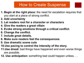 1. Begin at the right place: the need for escalation requires that
you start at a place of strong conflict.
2. Add uncertainty
3. Let readers root for a character or characters
4. Give the readers a great villain
5. Evoke strong emotions through a critical conflict.
6. Change the conflict.
7. Include great details.
8. Make sure readers feel the consequences.
9. Use dramatic scene cuts
10.Use pacing to control the intensity of the story.
11.Use dread: bad things have happened and even worse things
are possible.
12. Use anticipation: something bad could happen unless. . .
How to Create Suspense
 