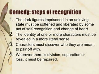 Comedy: steps of recognition
1.   The dark figures imprisoned in an unloving
     state must be softened and liberated by some
     act of self-recognition and change of heart.
2.   The identity of one or more characters must be
     revealed in a more literal sense.
3.   Characters must discover who they are meant
     to pair off with.
4.   Wherever there is division, separation or
     loss, it must be repaired.
 