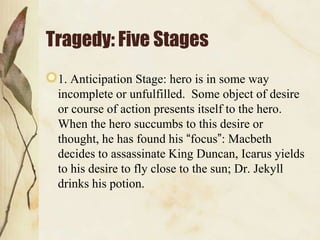 Tragedy: Five Stages
 1. Anticipation Stage: hero is in some way
 incomplete or unfulfilled. Some object of desire
 or course of action presents itself to the hero.
 When the hero succumbs to this desire or
 thought, he has found his “focus”: Macbeth
 decides to assassinate King Duncan, Icarus yields
 to his desire to fly close to the sun; Dr. Jekyll
 drinks his potion.
 