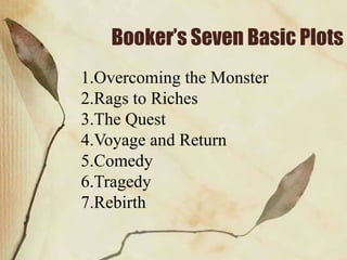 Booker’s Seven Basic Plots
1.Overcoming the Monster
2.Rags to Riches
3.The Quest
4.Voyage and Return
5.Comedy
6.Tragedy
7.Rebirth

 