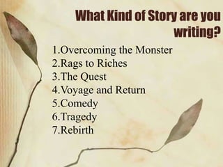 What Kind of Story are you
writing?
1.Overcoming the Monster
2.Rags to Riches
3.The Quest
4.Voyage and Return
5.Comedy
6.Tragedy
7.Rebirth

 