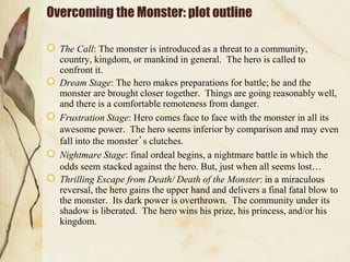 Overcoming the Monster: plot outline
The Call: The monster is introduced as a threat to a community,
country, kingdom, or mankind in general. The hero is called to
confront it.
Dream Stage: The hero makes preparations for battle; he and the
monster are brought closer together. Things are going reasonably well,
and there is a comfortable remoteness from danger.
Frustration Stage: Hero comes face to face with the monster in all its
awesome power. The hero seems inferior by comparison and may even
fall into the monster’s clutches.
Nightmare Stage: final ordeal begins, a nightmare battle in which the
odds seem stacked against the hero. But, just when all seems lost…
Thrilling Escape from Death/ Death of the Monster: in a miraculous
reversal, the hero gains the upper hand and delivers a final fatal blow to
the monster. Its dark power is overthrown. The community under its
shadow is liberated. The hero wins his prize, his princess, and/or his
kingdom.
 