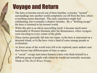 Voyage and Return
The hero or heroine travels out of their familiar, everyday “normal”
surroundings into another world completely cut off from the first, where
everything seems abnormal. The early experience might feel
exhilarating, but eventually a shadow intrudes. By a “thrilling escape”
the hero is returned to his normal world.
While this plot is as old as storytelling itself, it became much more
fashionable in Western literature after the Renaissance, when voyagers
were traveling to every corner of the globe.
These stories generally fall into two types: a) the hero is marooned on a
deserted island, or b) the hero visits a land of some strange people or
civilization.
As fewer areas of the world were left to be explored, more authors sent
their heroes into different parts of time or space
A “social” voyage and return features a hero who finds himself in a
different group of people with whom he would not normally associate.
Think of The Devil Wears Prada.
 