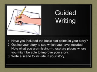 Guided
Writing
1. Have you included the basic plot points in your story?
2. Outline your story to see which you have included:
Note what you are missing—these are places where
you might be able to improve your story.
3. Write a scene to include in your story.
 
