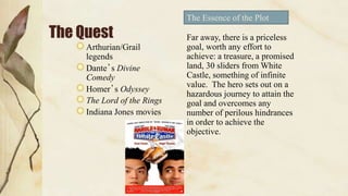 The Quest
Arthurian/Grail
legends
Dante’s Divine
Comedy
Homer’s Odyssey
The Lord of the Rings
Indiana Jones movies
Far away, there is a priceless
goal, worth any effort to
achieve: a treasure, a promised
land, 30 sliders from White
Castle, something of infinite
value. The hero sets out on a
hazardous journey to attain the
goal and overcomes any
number of perilous hindrances
in order to achieve the
objective.
The Essence of the Plot
 