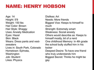 NAME: HENRY HOBSON
Age: 14
Height: 5'9
Weight: 150 lbs
Hair Color: Brown
Hair Style: Shaggy
Uses: Anxiety Medication
Eyes: Hazel
Skin: Black
Wears: Dress pants and vestsweaters
Lives in: South Park, Colorado
Hometown: Ephrata,
Washington
Job: Student
Likes: Physics

Dislikes: Art
Needs: More friends
Biggest Vice: Keeps to himself to
much
Strength: Extremely smart
Weakness: Social anxiety
Others would describe as: Keeps to
himself mostly, bit of a nerd
One childhood Memory: In 4th grade
the school bully stuffed him in his
locker
Deepest Desire: To have one friend
who truly understands him
Biggest Secret: Thinks he might be
gay

 