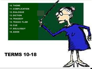 10. THEME
11. COMPLICATION
12. DIALOGUE
13. DICTION
14. TRAGEDY
15. TRAGIC FLAW
16. CUE
17. SOLILOQUY
18. ASIDE

TERMS 10-18

 