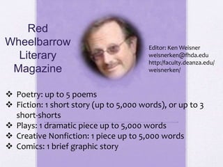  Poetry: up to 5 poems
 Fiction: 1 short story (up to 5,000 words), or up to 3
short-shorts
 Plays: 1 dramatic piece up to 5,000 words
 Creative Nonfiction: 1 piece up to 5,000 words
 Comics: 1 brief graphic story
Red
Wheelbarrow
Literary
Magazine
Editor: Ken Weisner
weisnerken@fhda.edu
http:/faculty.deanza.edu/
weisnerken/
 