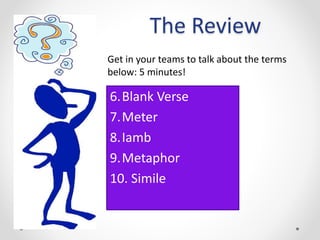 The Review
6.Blank Verse
7.Meter
8.Iamb
9.Metaphor
10. Simile
Get in your teams to talk about the terms
below: 5 minutes!
 