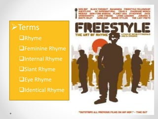 Terms
Rhyme
Feminine Rhyme
Internal Rhyme
Slant Rhyme
Eye Rhyme
Identical Rhyme
 