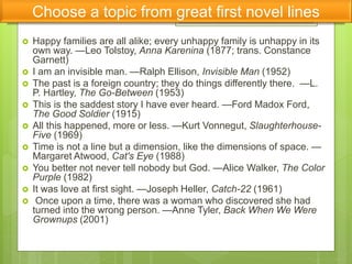  Happy families are all alike; every unhappy family is unhappy in its
own way. —Leo Tolstoy, Anna Karenina (1877; trans. Constance
Garnett)
 I am an invisible man. —Ralph Ellison, Invisible Man (1952)
 The past is a foreign country; they do things differently there. —L.
P. Hartley, The Go-Between (1953)
 This is the saddest story I have ever heard. —Ford Madox Ford,
The Good Soldier (1915)
 All this happened, more or less. —Kurt Vonnegut, Slaughterhouse-
Five (1969)
 Time is not a line but a dimension, like the dimensions of space. —
Margaret Atwood, Cat's Eye (1988)
 You better not never tell nobody but God. —Alice Walker, The Color
Purple (1982)
 It was love at first sight. —Joseph Heller, Catch-22 (1961)
 Once upon a time, there was a woman who discovered she had
turned into the wrong person. —Anne Tyler, Back When We Were
Grownups (2001)
Choose a topic from great first novel lines
 