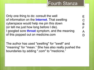 Only one thing to do: consult the well
of information on the Internet. That swelling
cyberspace would help me pin this down
(or tell me just how long before I die).
I googled sore throat symptom, and the meaning
of this popped out on medicine.com
The author has used "swelling" for "swell" and
"meaning" for "mean.” She has also really pushed the
boundaries by adding ".com" to "medicine.”
Fourth Stanza
E
C
B
F
A
D
 