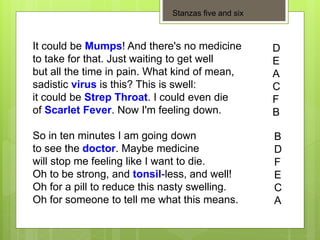 It could be Mumps! And there's no medicine
to take for that. Just waiting to get well
but all the time in pain. What kind of mean,
sadistic virus is this? This is swell:
it could be Strep Throat. I could even die
of Scarlet Fever. Now I'm feeling down.
So in ten minutes I am going down
to see the doctor. Maybe medicine
will stop me feeling like I want to die.
Oh to be strong, and tonsil-less, and well!
Oh for a pill to reduce this nasty swelling.
Oh for someone to tell me what this means.
Stanzas five and six
D
E
A
C
F
B
B
D
F
E
C
A
 