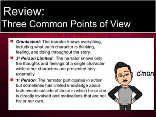 Review:
Three Common Points of View
Review:
Three Common Points of View
 Omniscient: The narrator knows everything,
including what each character is thinking,
feeling, and doing throughout the story.
 3rd
Person Limited: The narrator knows only
the thoughts and feelings of a single character,
while other characters are presented only
externally.
 1st
Person: The narrator participates in action
but sometimes has limited knowledge about
both events outside of those in which he or she
is directly involved and motivations that are not
his or her own.
 Omniscient: The narrator knows everything,
including what each character is thinking,
feeling, and doing throughout the story.
 3rd
Person Limited: The narrator knows only
the thoughts and feelings of a single character,
while other characters are presented only
externally.
 1st
Person: The narrator participates in action
but sometimes has limited knowledge about
both events outside of those in which he or she
is directly involved and motivations that are not
his or her own.
 