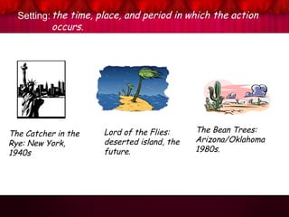 Setting: the time, place, and period in which the action
occurs.
The Bean Trees:
Arizona/Oklahoma
1980s.
The Catcher in the
Rye: New York,
1940s
Lord of the Flies:
deserted island, the
future.
 
