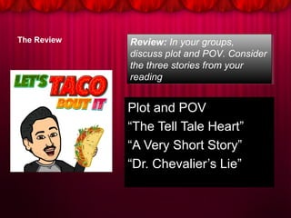 The Review
Plot and POV
“The Tell Tale Heart”
“A Very Short Story”
“Dr. Chevalier’s Lie”
Review: In your groups,
discuss plot and POV. Consider
the three stories from your
reading
Review: In your groups,
discuss plot and POV. Consider
the three stories from your
reading
 