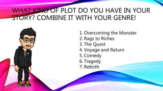 WHAT KIND OF PLOT DO YOU HAVE IN YOUR
STORY? COMBINE IT WITH YOUR GENRE!
1. Overcoming the Monster
2. Rags to Riches
3. The Quest
4. Voyage and Return
5. Comedy
6. Tragedy
7. Rebirth
 
