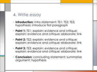 4. Write essay
• Introduction: intro statement; TS1; TS2; TS3;
hypothesis; introduce first paragraph
• Point 1: TS1; explain; evidence and critique;
explain; evidence and critique; elaborate; link
• Point 2: TS2; explain; evidence and critique;
explain; evidence and critique; elaborate; link
• Point 3: TS3; explain; evidence and critique;
explain; evidence and critique; elaborate; link
• Conclusion: concluding statement; summarise
argument; hypothesis

 