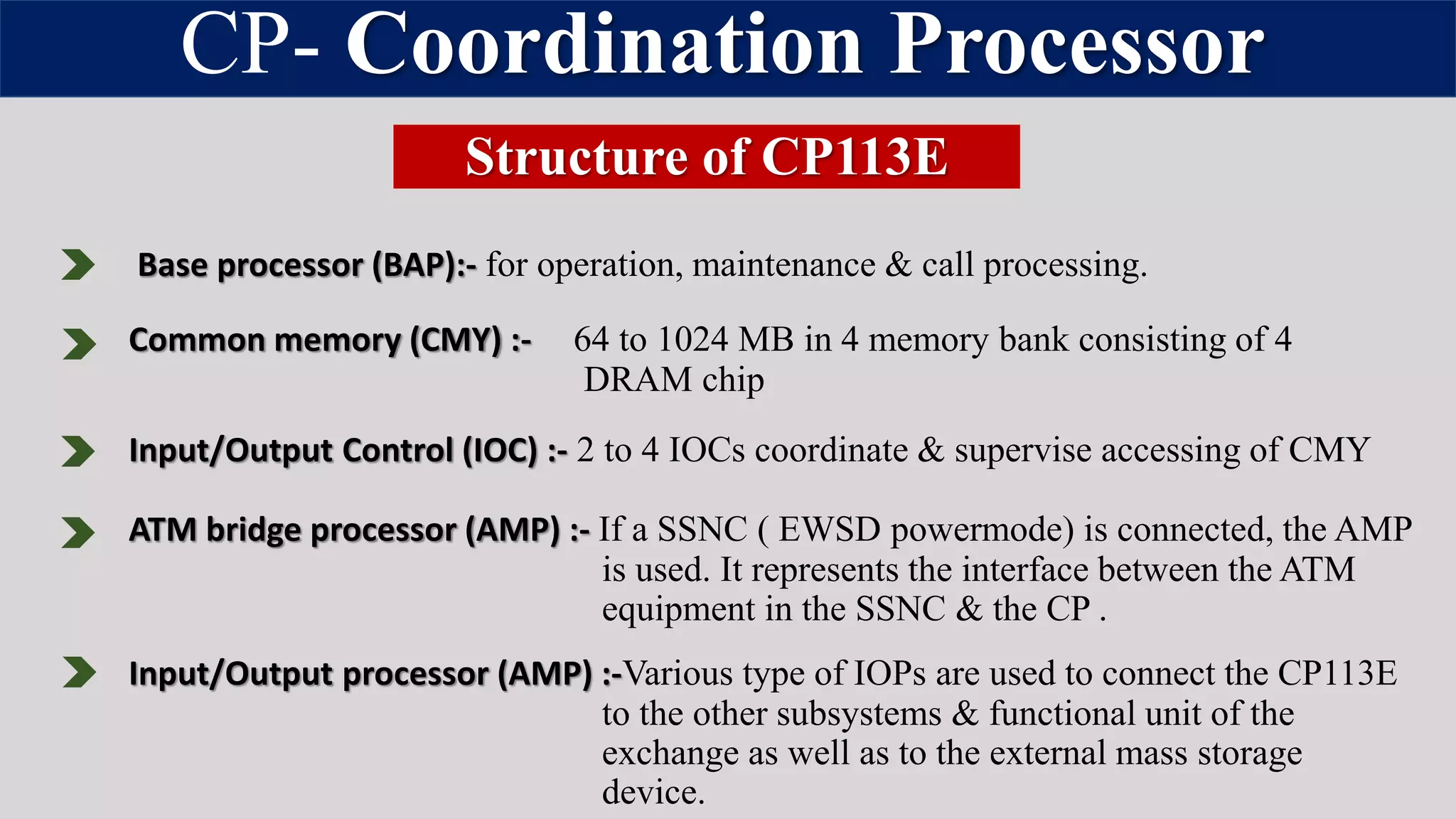 CP- Coordination Processor
Common memory (CMY) :- 64 to 1024 MB in 4 memory bank consisting of 4
DRAM chip
Input/Output Control (IOC) :- 2 to 4 IOCs coordinate & supervise accessing of CMY
ATM bridge processor (AMP) :- If a SSNC ( EWSD powermode) is connected, the AMP
is used. It represents the interface between the ATM
equipment in the SSNC & the CP .
Input/Output processor (AMP) :-Various type of IOPs are used to connect the CP113E
to the other subsystems & functional unit of the
exchange as well as to the external mass storage
device.
Structure of CP113E
Base processor (BAP):- for operation, maintenance & call processing.
 