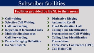 Subscriber facilities
Call waiting
Selective Call Waiting
Call Forwarding
Rejection of forwarded calls
Multiple Simultaneous
Call Forwarding
Parallel Ringing Definition
Do Not Disturb
Distinctive Ringing
Automatic Recall
Fixed Destination Call
Calling Line Identification
Presentation on Call Waiting
Calling Line Identification
Presentation
Three-Party Conference (TPC)
Call Hold (CH)
Facilities provided by BSNL to their users
 