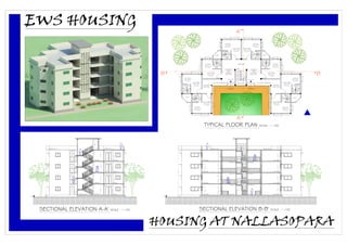 EWS HOUSING
HOUSING AT NALLASOPARA
LIVING AREA
5M X 2.7M
12.5 SQ.M.
KITCHEN
2.5M X 2.7M
6.8 SQ.M.
TOILET
1.2 SQ.M.
BATH
1.4SQ.M
KITCHEN
2.5M X 2.7M
6.8 SQ.M.
LIVING AREA
5M X 2.7M
12.5 SQ.M. TOILET
1.2 SQ.M
BATH
1.4SQ.M
LIVING AREA
5M X 2.7M
12.5 SQ.M.
KITCHEN
2.5M X 2.7M
6.8 SQ.M.
LIVING AREA
5M X 2.7M
12.5 SQ.M.
KITCHEN
2.5 X 2.7M
6.8 SQ.M.
LIVING AREA
5M X 2.7M
12.5 SQ.M.
KITCHEN
2.5M X 2.7M
6.8 SQ.M.
KITCHEN
2.5M X 2.7M
6.8 SQ.M.
LIVING AREA
5M X 2.7M
12.5 SQ.M.
LIVING AREA
5M X 2.7M
12.5 SQ.M.
KITCHEN
2.5M X 2.7M
6.8 SQ.M.
LIVING AREA
5M X 2.7M
12.5 SQ.M.
KITCHEN
2.5M X 2.7M
6.8 SQ.M.
TOILET
1.2 SQ.M.
BATH
1.4SQ.M
TOILET
1.2 SQ.M
BATH
1.4SQ.M
DUCT DUCT
DUCT DUCT
ENTRANCE ENTRANCE
@+2.1M
@+0.6M @+0.6M
CORRIDOR
COMMON
SPILL OUT
COMMON
SPILL OUT
CORRIDOR
AND
COMMON
SPILL OUT
UP
CORRIDOR
AND
COMMON
SPILL OUT
1.7M WIDE CORRIDOR1.7M WIDE CORRIDOR
TERRACE LEVEL
CORRIDOR
TERRACE LEVEL
CORRIDOR
CORRIDOR
STAIRCASE BLOCK KITCHEN
KITCHEN
KITCHEN
KITCHEN
G.L.
CORRIDOR
CORRIDOR
CORRIDOR
CORRIDOR
BATH & TOILET
BATH & TOILET
BATH & TOILET
BATH & TOILET
CORRIDOR
CORRIDOR
CORRIDOR
TERRACE LEVELTERRACE LEVEL
CORRIDOR
CORRIDOR
CORRIDOR
STAIRCASE BLOCK
LIVING AREA
LIVING AREA
LIVING AREA
LIVING AREA
LIVING AREA
LIVING AREA
LIVING AREA
LIVING AREAENTRANCE ENTRANCE
G.L.
TYPICAL FLOOR PLAN SCALE - 1:100
A
A'
BB'
SECTIONAL ELEVATION A-A' SCALE - 1:100 SECTIONAL ELEVATION B-B' SCALE - 1:100
 