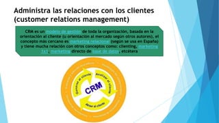 Administra las relaciones con los clientes
(customer relations management)
CRM es un modelo de gestión de toda la organización, basada en la
orientación al cliente (u orientación al mercado según otros autores), el
concepto más cercano es marketing relacional (según se usa en España)
y tiene mucha relación con otros conceptos como: clienting, marketing
1x1, marketing directo de base de datos, etcétera
 