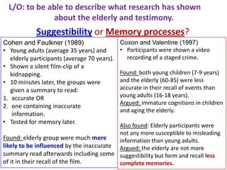 L/O: to be able to describe what research has shown
              about the elderly and testimony.
            Suggestibility or Memory processes?
Cohen and Faulkner (1989)                     Coxon and Valentine (1997)
• Young adults (average 35 years) and         • Participants were shown a video
   elderly participants (average 70 years).     recording of a staged crime.
• Shown a silent film-clip of a
   kidnapping.                                Found: both young children (7-9 years)
• 10 minutes later, the groups were           and the elderly (60-85) were less
   given a summary to read:                   accurate in their recall of events than
1. accurate OR                                young adults (16-18 years).
                                              Argued: immature cognitions in children
2. one containing inaccurate
                                              and aging the elderly.
   information.
• Tested for memory later.
                                          Also found: Elderly participants were
                                          not any more susceptible to misleading
Found: elderly group were much more       information than young adults.
likely to be influenced by the inaccurate Argued: the elderly are not more
summary read afterwards including some suggestibility but form and recall less
of it in their recall of the film.        complete memories.
 