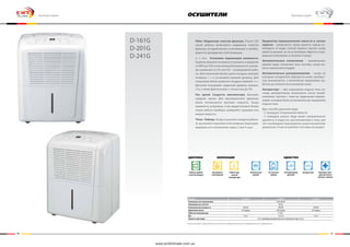 40 41
D-161G
D-201G
D-241G
осушители
Компания имеет право изменять технические характеристики без предварительного уведомления
Модель D-161G D-201G D-241G
Номинальное напряжение 220-240 В
Номинальная частота 50 Гц
Номинальная мощность 340 Вт 390 Вт 430 Вт
Удаляемая влага 16 л/день 20 л/день 24 л/день
Рабочая температура 5-35 С
Вес 13 кг 13,5 кг 15 кг
Емкость для воды 4,5 л (прибор автоматически отключается при 3,5 л)
Filter. Индикатор очистки фильтра. После 250
часов работы включается индикатор очистки
фильтра, который мигает и напоминает о необхо-
димости проведения этой операции.
«- » «+». Установка параметров влажности.
Уровень влажности можно установить в пределах
от 80% до 35% относительной влажности, в режи-
ме снижения по 5% или СО – непрерывной рабо-
ты. Для получения более сухого воздуха нажмите
клавишу «- » и установите нужный уровень. Для
получения более влажного воздуха нажмите «+».
Дисплей показывает заданный уровень влажно-
сти, а затем фактический, с точностью до 5%.
Fan speed. Скорость вентилятора. Высокая,
средняя, малая. Для максимального удаления
влаги используется высокая скорость. Когда
влажность устранена, и вы предпочитаете более
тихую работу прибора, выбирайте среднюю или
малую скорость.
Timer. Таймер. Когда осушитель воздуха работа-
ет, вы можете нажатием этой клавиши запрограм-
мировать его отключение через 2 или 4 часа.
Индикатор переполненной емкости и сигнал
тревоги – включается, когда емкость нужно ос-
вободить от воды. Сигнал тревоги звучит, когда
емкость вынули, но не установили обратно в пра-
вильное положение в течение 3 минут.
Автоматическое отключение – выключатель
уровня воды отключает всю систему, когда ем-
кость наполняется водой.
Автоматическое размораживание – когда на
катушках испарителя образуется иней, компрес-
сор выключается, а вентилятор продолжает ра-
ботать до полного исчезновения инея.
Авторестарт – при нарушении подачи тока си-
стема автоматически включается после возоб-
новления, причем с теми же заданными параме-
трами, которые были установлены до нарушения
подачи тока.
Два способа удаления воды:
· С помощью специальной емкости
· С помощью шланга. Вода может автоматически
удаляться в водосток, расположенный в полу, для
чего необходимо подсоединить шланг внутренним
диаметром 14 мм (в комплект поставки не входит)
Удобство
Бесшумная
конструкция
Фильтр грубой
очистки воздуха
Компактный
дизайн
Светодиодный
дисплей
Авторестарт Функция само-
диагностики и
автомат. защиты
24-часовой
таймер
Работа при
низкой
температуре
Здоровье ИННОВАЦИИ
Бытовая серия Бытовая серия
www.proficlimate.com.ua
 