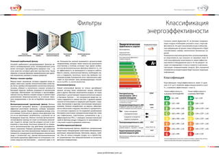 8 9
Фильтры
Угольный (карбоновый) фильтр
Основой карбонового дезодорирующего фильтра яв-
ляется активированный уголь. Активированный уголь
может поглощать (адсорбировать) вредные газы — на
этом свойстве основано действие противогазов. Таким
образом, угольные фильтры предназначены для удале-
ния неприятных запахов и газовых примесей.
Фильтр с ионами серебра
Фильтр имеет напыление, которое содержит ионы се-
ребра, известные своими антисептическими свойства-
ми. Ионы серебра обезвреживают различные микроор-
ганизмы, убивают и значительно снижают активность
бактерий, вирусов, грибков, разрушая их внутреннюю
структуру, обеспечивает постоянную и высокоэффек-
тивную очистку. Фильтр очищает воздух и препятствует
размножению микроорганизмов на остальных филь-
трах кондиционера, а так же на барабане внутреннего
блока.
Фотокаталитический (цеолитный) фильтр Фотока-
талитический моющийся фильтр с дезодорирующим
эффектом уничтожает молекулы, которые вызывают
неприятные запахи. Воздух в помещении всегда оста-
ется свежим. Отличается от других типов фильтров тем,
что он не накапливает загрязнители, а разлагает их на
безвредные вещества. Именно поэтому фотокаталити-
ческий фильтр никогда не станет источником загрязне-
ния. Сущность метода очистки воздуха состоит в раз-
ложении и окислении токсичных примесей на поверх-
ности фотокатализатора под действием ультрафиоле-
тового излучения. Реакции протекают при комнатной
температуре, при этом органические примеси не нака-
пливаются, а разрушаются до безвредных компонентов
(вода и углекислый газ), причем фотокаталитическое
окисление одинаково эффективно по отношению к ток-
синам, вирусам или бактериям — результат один и тот
же. Большинство запахов вызываются органическими
соединениями, которые также полностью разлагаются
очистителем и поэтому исчезают. Еще одной особен-
ностью фотокаталитических фильтров является то, что
их эффективность не уменьшается в процессе работы.
Вместо замены, загрязненный фильтр необходимо вы-
нуть и подержать несколько часов под прямыми сол-
нечными лучами. В результате этого «магического» дей-
ствия он восстановит свою дезодорирующую способ-
ность на 95%, т.е. почти полностью.
Катехиновый фильтр
Новый катехиновый фильтр не только адсорбирует
мелкие частицы пыли, неприятные запахи, табачный
дым и другие обычные загрязнители воздуха, но также
улавливает и дезактивирует микроскопические вирусы
и бактерии. Катехин — это натуральное вещество, ко-
торое содержится в чайных листьях. С древних времен
катехин использовался в медицине для борьбы с виру-
сами, бактериями и другими патогенными микроорга-
низмами. Катехин воздействует на вирусы, обволаки-
вая их оболочкой и нарушая способность прикреплять-
ся к клеткам и заражать их. Он подавляет размножение
бактерий и уничтожает канцерогенные вещества, такие
как стафилококки, стрептококки, сальмонеллу и др. с
эффективностью 95%. С помощью электростатических
свойств фильтра воздух очищается от мельчайших ча-
стиц пыли и шерсти домашних животных.
Антибактериальный фильтр
Антибактериальный фильтр обработан специальными
веществами, обладающими свойствами обезвреживать
различные микроорганизмы (бактерии, вирусы, гриб-
ки). Они не только очищают воздух, но и препятству-
ют размножению этих микроорганизмов на остальных
фильтрах кондиционера.
Бытовые кондиционеры
Угольный
(карбоновый) фильтр
Фильтр с ионами
серебра
Фотокаталитический
(цеолитный) фильтр
Катехиновый
фильтр
Антибактериальный
фильтр
Классификация
энергоэффективности
Бытовые кондиционеры
www.proficlimate.com.ua
 