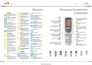 10 11
Функции Пульты дистанционного
управленияЗдоровье
R-410a - Озонобезопасный фреон.
Используется хладагент, не оказывающий
разрушающего воздействия на озоновый
слой Земли.
Возможность подачи в помещение све-
жего воздуха, забираемого с улицы.
Фильтр грубой очистки воздуха.
Система самоочистки.
Препятствует скоплению влаги на тепло-
обменнике, предотвращая загрязнение
внутреннего блока кондиционера.
Функция Анти-плесень.
После выключения кондиционера, встро-
енный вентилятор продолжает работать в
течение 30 секунд и высушивать конден-
сат во внутренней части кондиционера,
предотвращая образование плесени.
Высокоэффективный двойной фильтр.
Угольный (карбоновый) фильтр
Катехиновый фильтр
ИННОВАЦИИ
Многоскоростной вентилятор.
Регулирует скорости воздушного потока
для создания и поддержания макси-
мально эффективного микроклимата в
помещении.
Оптимальное воздухораспределение.
Обеспечивает равномерные температур-
ные и скоростные поля.
Работа при низкой температуре.
Запуск и работа кондиционера в режиме
обогрева при низкой температуре наруж-
ного воздуха (до -15°С).
Быстрое охлаждение.
Высокая энергоэффективность позволяет
быстро охладить помещение.
Super DC Inverter - инверторная техно-
логия с особовысокой энергоэффектив-
ностью и классом энергопотребления А+
(EER/COP >4,00). И это при сохранении
всех основных преимуществ «стандарт-
ного» инвертора: тихая работа, экономич-
ность, долговечность, точный контроль
температуры.
DC Inverter – полное инверторное управ-
ление.
Горячий пуск.
Функция защиты от холодного воздуха в
первые минуты работы кондиционера в
режиме обогрева. Предотвращает подачу
холодного воздуха, когда температура в
испарителе слишком низкая.
Автоматическое размораживание.
Интеллектуальная система разморозки
защищает теплообменник наружного
блока от образования ледяной «шубы».
Режим комфортного сна.
Автоматически устанавливает комнатную
температуру и выключает кондиционер
по истечении 8 часов.
Турбо-режим.
Режим повышенной производительности.
Максимальный воздушный поток позво-
ляет охладить или нагреть помещение за
минимальный период времени.
Бесшумная конструкция.
Аэродинамическая конструкция, позволя-
ющая улучшить шумовые характеристики
наружного и внутреннего блока.
В режиме OFF кондиционер потребля-
ет всего 1 Вт.
Широкоугольные задвижки. Объем-
ный воздушный поток.
Плавно изогнутые широкие задвижки
обеспечивают большой воздушный поток
и охлаждение/обогрев вне зависимости
от того, где внутренний блок расположен.
Функция 8°С
Кондиционер будет поддерживать темпе-
ратуру 8°С, не позволяя остыть помеще-
нию и потребляя минимум электроэнер-
гии. Эта функция актуальна в холодное
время года для загородных домов и дач
без центрального отопления.
Функция“I feel”
Установка комфортной температуры в
помещении по месту нахождения пульта
ДУ. Датчик измерения температуры на-
ходится непосредственно в ПДУ, что
обеспечивает более точное измерение
в «рабочей» зоне кондиционера. Для
оптимально комфортной эксплуатации
кондиционера все текущие режимы рабо-
ты системы отображаются на ЖК-дисплее
пульта дистанционного управления, наи-
более важные из них, индицируются на
передней панели внутреннего блока.
Высокая энергоэффективность и эко-
номия электроэнергии.
Полная защита – набор различных
защитных функций для обеспечения
надежности.
Удобство
Блокировка пульта
Исключает нежелательное вмешательство
в управление кондиционером.
Авто-режим управления.
С помощью этого режима Вы будете иметь
возможность не переключать разные на-
стройки управления кондиционером. За
Вас управляющие сигналы на установку
будет подавать автоматика, ориентирую-
щаяся на показания датчиков.
Дисплей на ПДУ отображает время.
R-22 – Самый востребованный из всех
типов хладагентов.
Нетоксичен и невзрывоопасен.
Светодиодный дисплей.
Oтображает заданную температуру
охлаждения или обогрева, режимы и
коды неисправностей в случае их воз-
никновения.
24-часовой таймер.
Установите определенный период
времени для того, чтобы кондиционер
автоматически включался и выключался
в течение дня.
Функция самодиагностики и автомати-
ческой защиты.
Высвечивание кода неисправности на
дисплее внутреннего блока или пульта
управления для быстрой и легкой экс-
плуатации.
Компактный дизайн.
Не нужен водосток.
Управление кондиционером с помо-
щью пульта.
4 in 1 – четыре в одном.
Охлаждение/обогрев/вентиляция/осу-
шение.
Датчик уровня конденсата.
Индикатор наполнения резервуара и
звуковой сигнал при наполнении, авто-
матическое прекращение работы при
наполнении резервуара. 
Удобная ручка.
Мобильное перемещение осуществляется
за счет удобной ручки, а также ножек на
колесиках.
Четырехстороннее направление воз-
духа.
Автоматическое испарение воды.
Умное управление.
Легкая чистка панели и фильтра грубой
очистки.
Панель и фильтр могут легко отсоеди-
няться для чистки.
Авторестарт.
Автоматически возобновляет работу
кондиционера в установленном режиме
после возобновления подачи электро-
энергии.
ON/OFF
Вкл./Выкл.
MODE
Переключение режимов работы:
Авто, Охлаждение, Осушение,
Вентилятор и Обогрев.
SWING
Установка жалюзи в нужное
положение. Режим качания жалюзи;
TEMP
Установка желаемой температуры,
отображение текущей температуры в
помещении и на улице.
CLOCK
Установка времени, отображение
значений таймеров включения/
отключения кондиционера.
TURBO
Режим быстрого охлаждения/
обогрева.
+
Нажать для увеличения заданной
температуры. Удерживать 2 сек. для
быстрой установки.
-
Нажать для уменьшения заданной
температуры. Удерживать 2 сек. для
быстрой установки.
FAN
Изменение скорости вращения
вентилятора.
I FEEL
Активация/отключение режима
“I feel”— контроль температуры в
помещении по месту нахождения
пульта ДУ.
SLEEP
Активация“ночного режима”.
TIMER ON
Таймер включения кондиционера.
TIMER OFF
Таймер отключения кондиционера.
X-FAN
Запуск/остановка функции
самоочистки.
LIGHT
Включение/отключение подсветки
дисплея кондиционера.
Бытовая серия Бытовая серия
www.proficlimate.com.ua
 