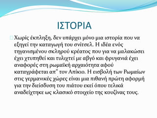 ΙΣΤΟΡΙΑ
Χωρίς έκπληξη, δεν υπάρχει μόνο μια ιστορία που να
εξηγεί την καταγωγή του σνίτσελ. Η ιδέα ενός
τηγανισμένου σκληρού κρέατος που για να μαλακώσει
έχει χτυπηθεί και τυλιχτεί με αβγό και φρυγανιά έχει
αναφορές στη ρωμαϊκή αρχαιότητα αφού
καταγράφεται απ” τον Απίκιο. Η εισβολή των Ρωμαίων
στις γερμανικές χώρες είναι μια πιθανή πρώτη αφορμή
για την διείσδυση του πιάτου εκεί όπου τελικά
αναδείχτηκε ως κλασικό στοιχείο της κουζίνας τους.
 