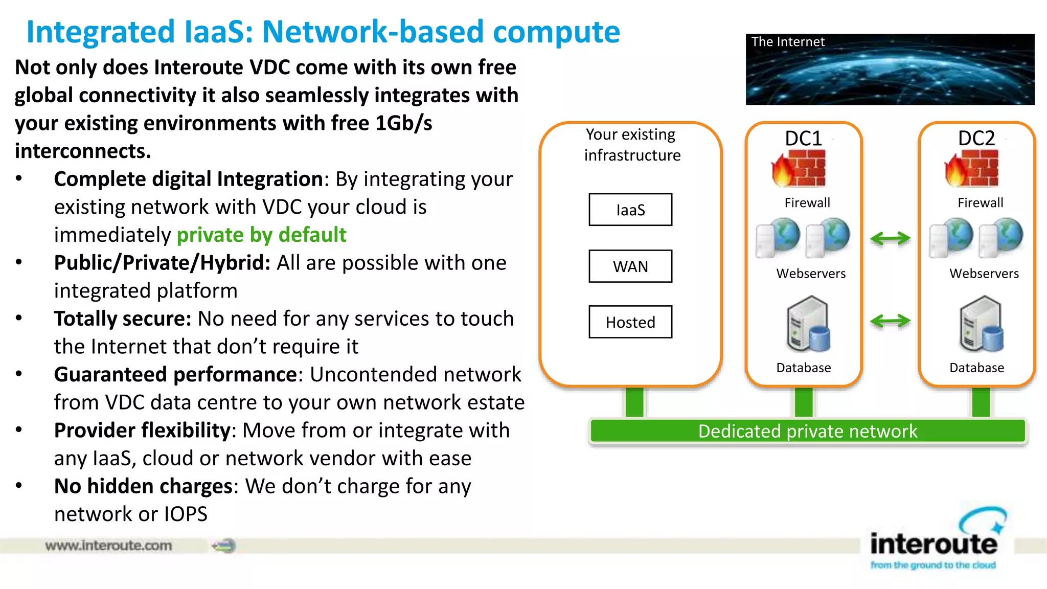 Dedicated private network
The Internet
Your existing
infrastructure
Integrated IaaS: Network-based compute
Not only does Interoute VDC come with its own free
global connectivity it also seamlessly integrates with
your existing environments with free 1Gb/s
interconnects.
• Complete digital Integration: By integrating your
existing network with VDC your cloud is
immediately private by default
• Public/Private/Hybrid: All are possible with one
integrated platform
• Totally secure: No need for any services to touch
the Internet that don’t require it
• Guaranteed performance: Uncontended network
from VDC data centre to your own network estate
• Provider flexibility: Move from or integrate with
any IaaS, cloud or network vendor with ease
• No hidden charges: We don’t charge for any
network or IOPS
Database
Webservers
Firewall
Database
Webservers
Firewall
DC1 DC2
IaaS
WAN
Hosted
 