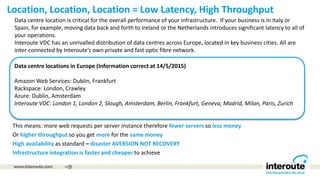 Location, Location, Location = Low Latency, High Throughput
This means: more web requests per server instance therefore fewer servers so less money
Or higher throughput so you get more for the same money
High availability as standard – disaster AVERSION NOT RECOVERY
Infrastructure integration is faster and cheaper to achieve
Data centre location is critical for the overall performance of your infrastructure. If your business is in Italy or
Spain, for example, moving data back and forth to Ireland or the Netherlands introduces significant latency to all of
your operations.
Interoute VDC has an unrivalled distribution of data centres across Europe, located in key business cities. All are
inter-connected by Interoute’s own private and fast optic fibre network.
Data centre locations in Europe (Information correct at 14/5/2015)
Amazon Web Services: Dublin, Frankfurt
Rackspace: London, Crawley
Azure: Dublin, Amsterdam
Interoute VDC: London 1, London 2, Slough, Amsterdam, Berlin, Frankfurt, Geneva, Madrid, Milan, Paris, Zurich
 