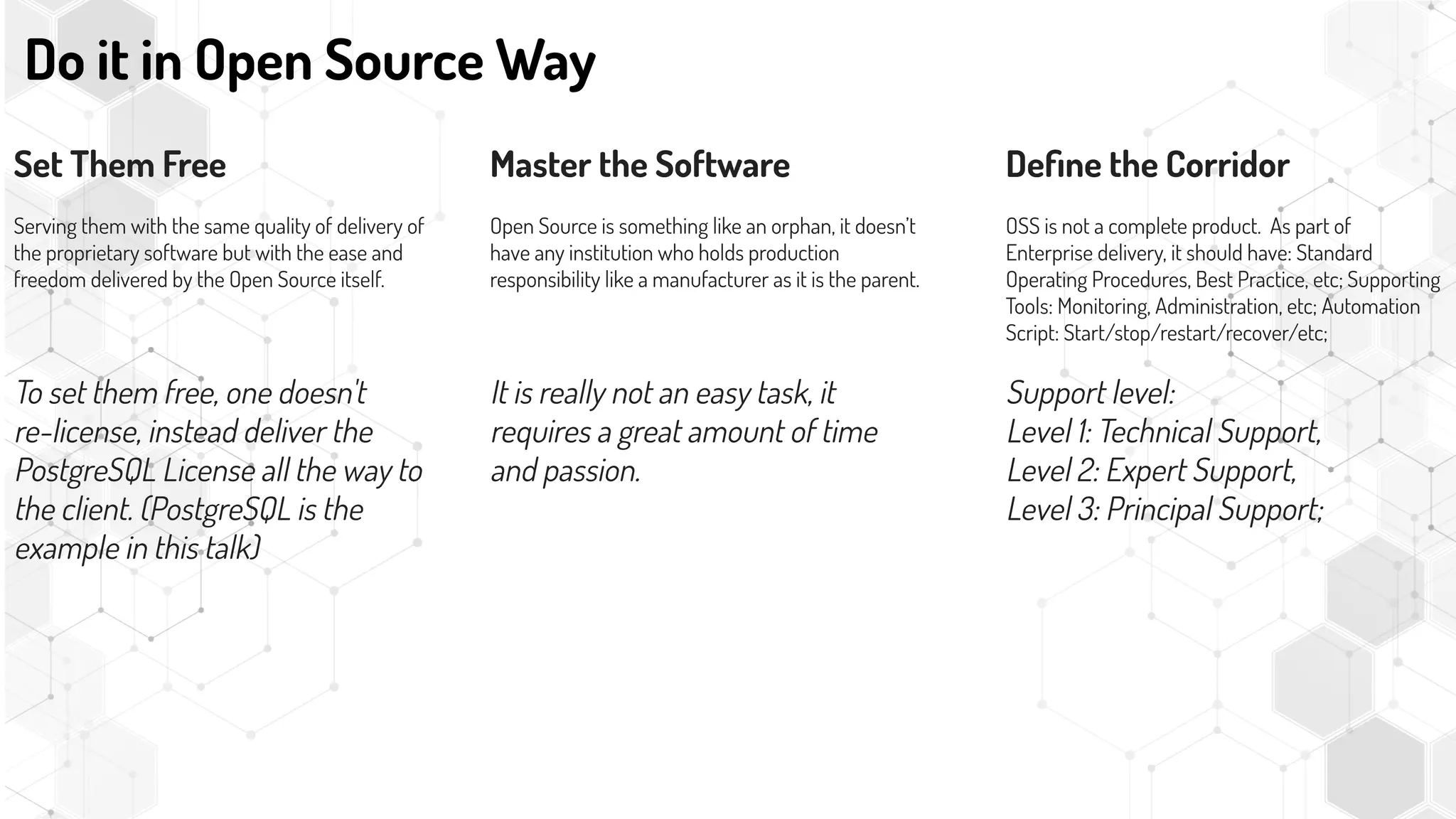 Set Them Free
Serving them with the same quality of delivery of
the proprietary software but with the ease and
freedom delivered by the Open Source itself.
To set them free, one doesn't
re-license, instead deliver the
PostgreSQL License all the way to
the client. (PostgreSQL is the
example in this talk)
Master the Software
Open Source is something like an orphan, it doesn’t
have any institution who holds production
responsibility like a manufacturer as it is the parent.
It is really not an easy task, it
requires a great amount of time
and passion.
Do it in Open Source Way
Deﬁne the Corridor
OSS is not a complete product. As part of
Enterprise delivery, it should have: Standard
Operating Procedures, Best Practice, etc; Supporting
Tools: Monitoring, Administration, etc; Automation
Script: Start/stop/restart/recover/etc;
Support level:
Level 1: Technical Support,
Level 2: Expert Support,
Level 3: Principal Support;
 