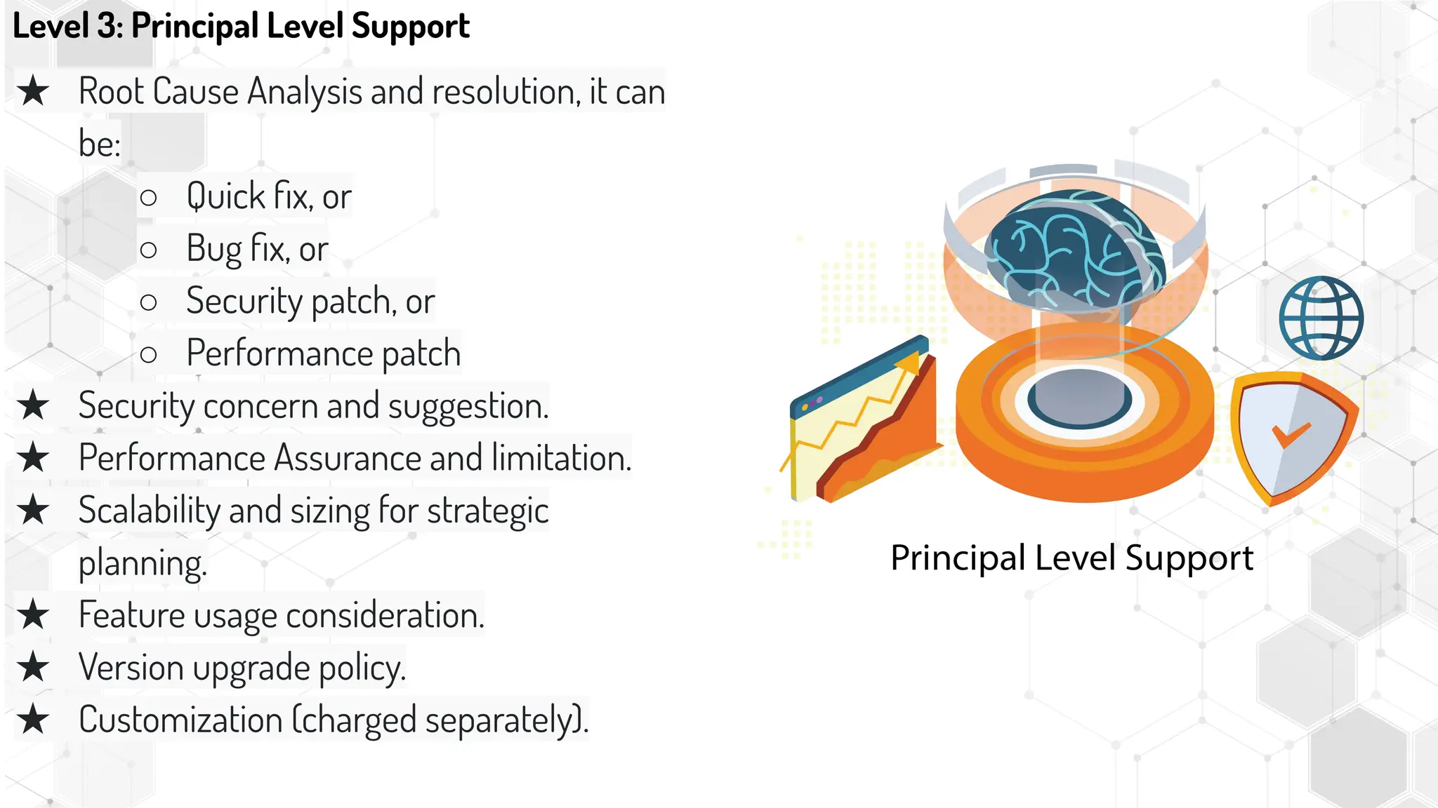 Level 3: Principal Level Support
★ Root Cause Analysis and resolution, it can
be:
○ Quick ﬁx, or
○ Bug ﬁx, or
○ Security patch, or
○ Performance patch
★ Security concern and suggestion.
★ Performance Assurance and limitation.
★ Scalability and sizing for strategic
planning.
★ Feature usage consideration.
★ Version upgrade policy.
★ Customization (charged separately).
 