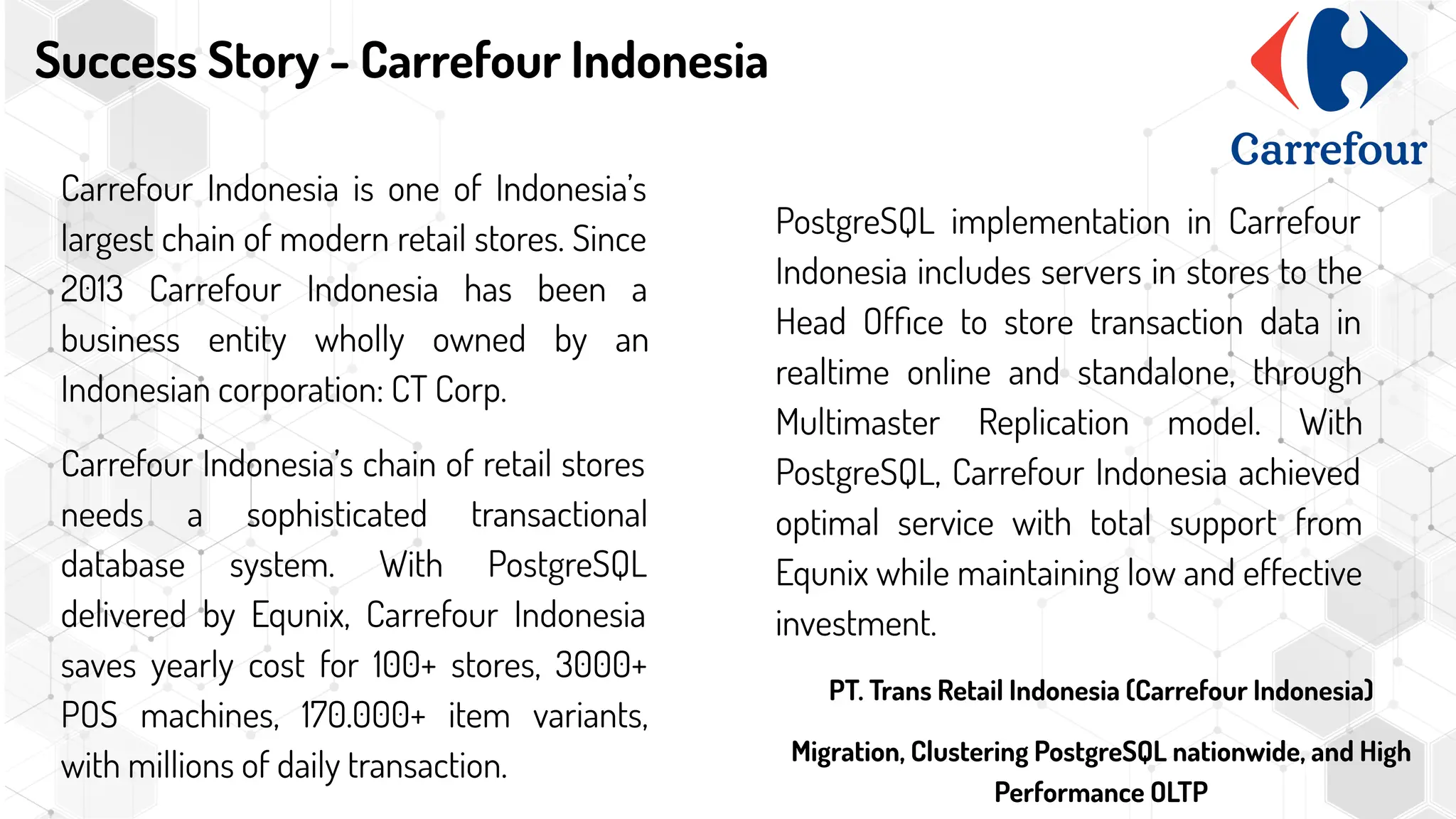 Success Story - Carrefour Indonesia
Carrefour Indonesia is one of Indonesia’s
largest chain of modern retail stores. Since
2013 Carrefour Indonesia has been a
business entity wholly owned by an
Indonesian corporation: CT Corp.
Carrefour Indonesia’s chain of retail stores
needs a sophisticated transactional
database system. With PostgreSQL
delivered by Equnix, Carrefour Indonesia
saves yearly cost for 100+ stores, 3000+
POS machines, 170.000+ item variants,
with millions of daily transaction.
PostgreSQL implementation in Carrefour
Indonesia includes servers in stores to the
Head Ofﬁce to store transaction data in
realtime online and standalone, through
Multimaster Replication model. With
PostgreSQL, Carrefour Indonesia achieved
optimal service with total support from
Equnix while maintaining low and effective
investment.
PT. Trans Retail Indonesia (Carrefour Indonesia)
Migration, Clustering PostgreSQL nationwide, and High
Performance OLTP
 