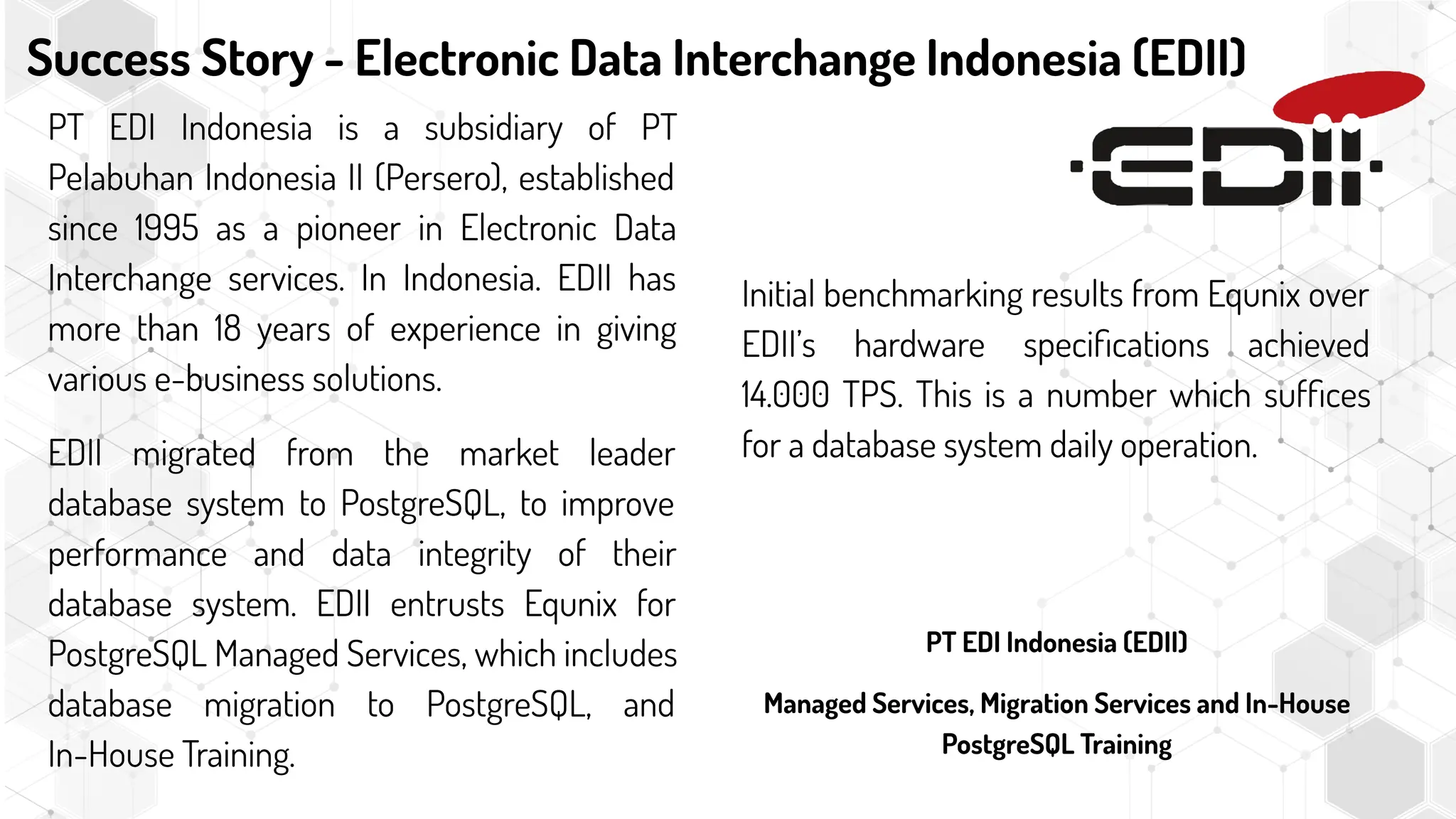 Success Story - Electronic Data Interchange Indonesia (EDII)
PT EDI Indonesia is a subsidiary of PT
Pelabuhan Indonesia II (Persero), established
since 1995 as a pioneer in Electronic Data
Interchange services. In Indonesia. EDII has
more than 18 years of experience in giving
various e-business solutions.
EDII migrated from the market leader
database system to PostgreSQL, to improve
performance and data integrity of their
database system. EDII entrusts Equnix for
PostgreSQL Managed Services, which includes
database migration to PostgreSQL, and
In-House Training.
Initial benchmarking results from Equnix over
EDII’s hardware speciﬁcations achieved
14.000 TPS. This is a number which sufﬁces
for a database system daily operation.
PT EDI Indonesia (EDII)
Managed Services, Migration Services and In-House
PostgreSQL Training
 