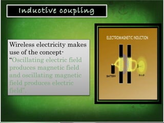 Wireless electricity makes 
use of the concept- 
“Oscillating electric field 
produces magnetic field 
and oscillating magnetic 
field produces electric 
field”. 
 