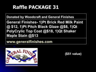 Raffle PACKAGE 31 ($51 value) www.generalfinishes.com General Finishes- 1)Pt Brick Red Milk Paint @ $12, 1)Pt Pitch Black Glaze @$8, 1)Qt PolyCrylic Top Coat @$18, 1)Qt Shaker Maple Stain @$13 Donated by Woodcraft and General Finishes 