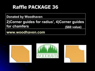 Raffle PACKAGE 36 ($60 value) www.woodhaven.com   2)Corner guides for radius', 4)Corner guides for chamfers Donated by Woodhaven 