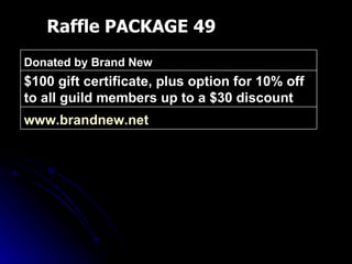 Raffle PACKAGE 49 www.brandnew.net   $100 gift certificate, plus option for 10% off to all guild members up to a $30 discount Donated by Brand New 
