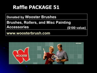 Raffle PACKAGE 51 ($100 value) www.woosterbrush.com   Brushes, Rollers, and Misc Painting Accessories  Donated by  Wooster Brushes 