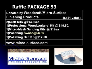 Raffle PACKAGE 53 ($121 value) www.micro-surface.com 2)Craft Kits @$13.35ea 1)Professional Woodworkers' Kit @ $49.50, 1)Micro-Mesh Sanding Kits @ $19ea 1)Polishing  Swabs@$8.66 1)Polishing Belt Kit@$17.50   Donated by  Woodcraft/Micro-Surface Finishing Products 